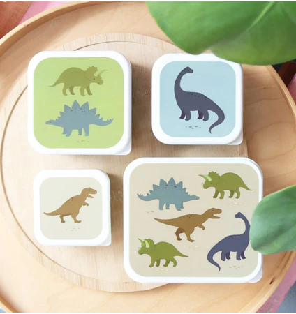 Ensemble de quatre boîtes à lunch et à collations de quatre tailles différentes et designs assortis, mettant en vedette des dinosaures.