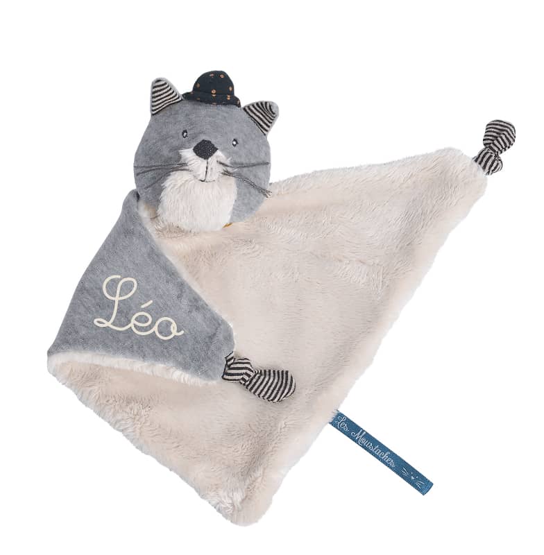 Doudou a broder chat gris clair Fernand Les Moustaches Moulin Roty