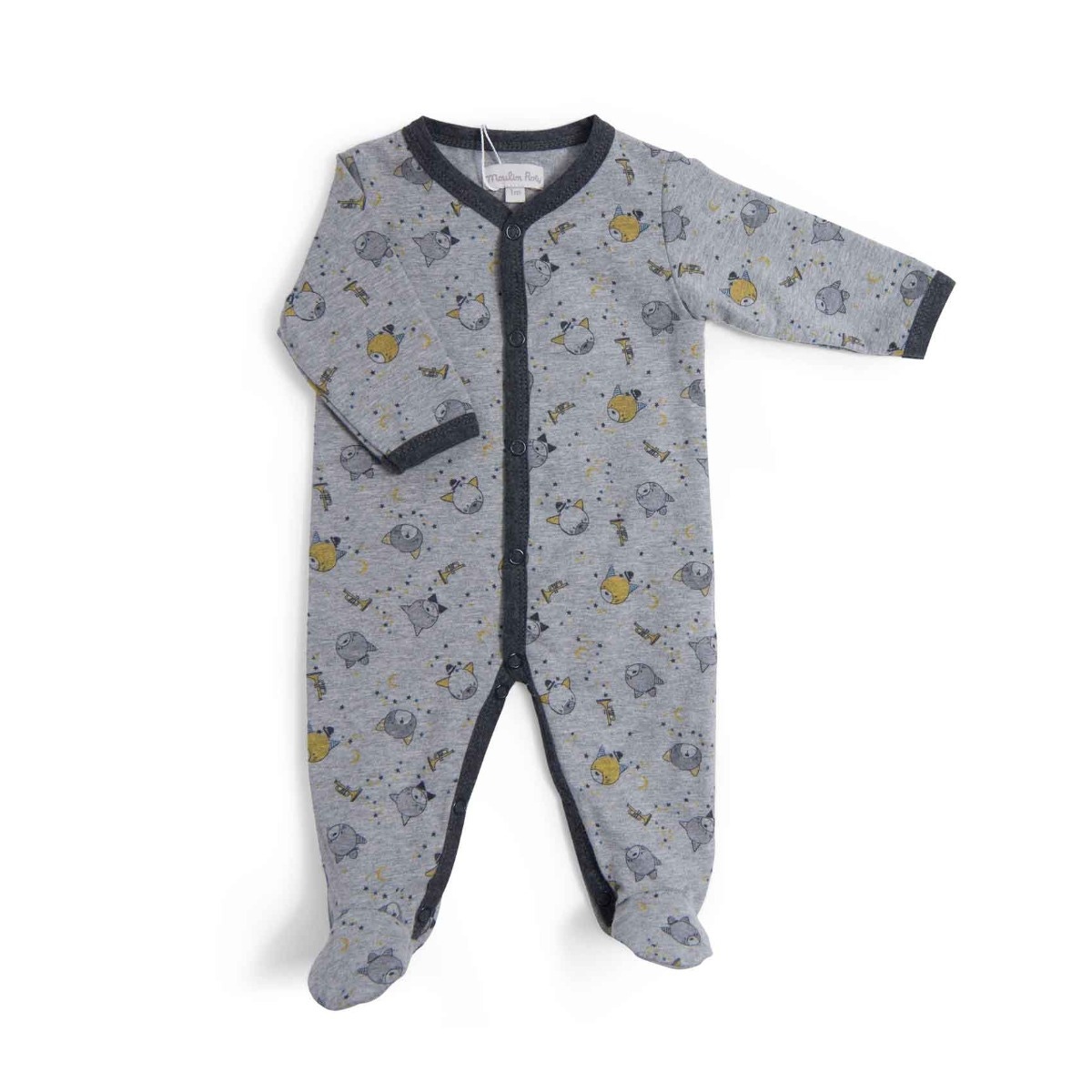 Pyjama jersey gris chiné allover chats Les Moustaches Moulin Roty