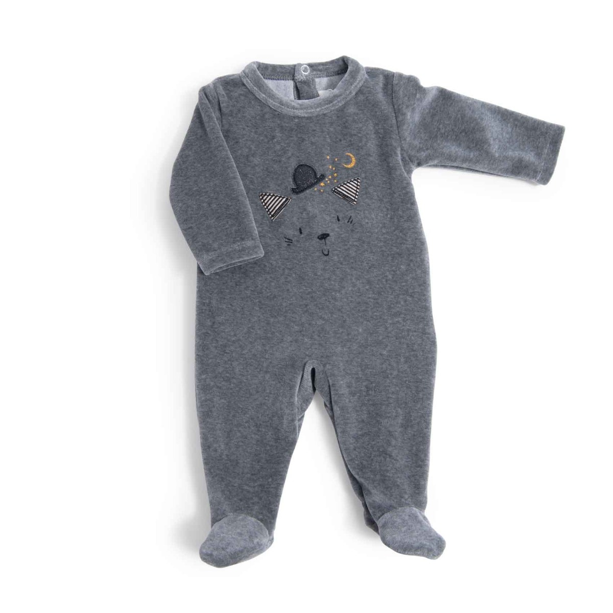 Pyjama velours gris chiné tête chat Les Moustaches Moulin Roty