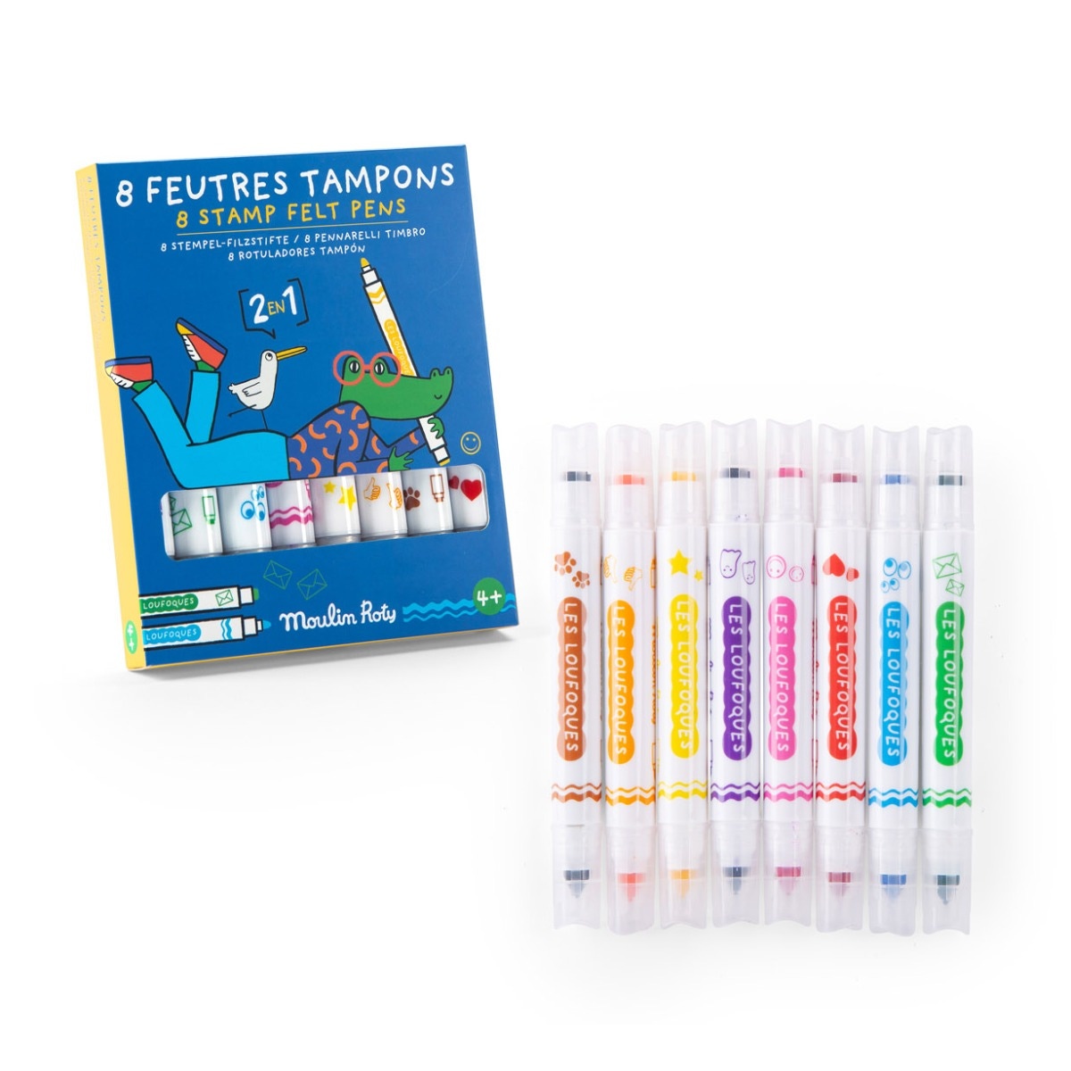 8 feutres tampons 2 en 1 Les Loufoques Moulin Roty