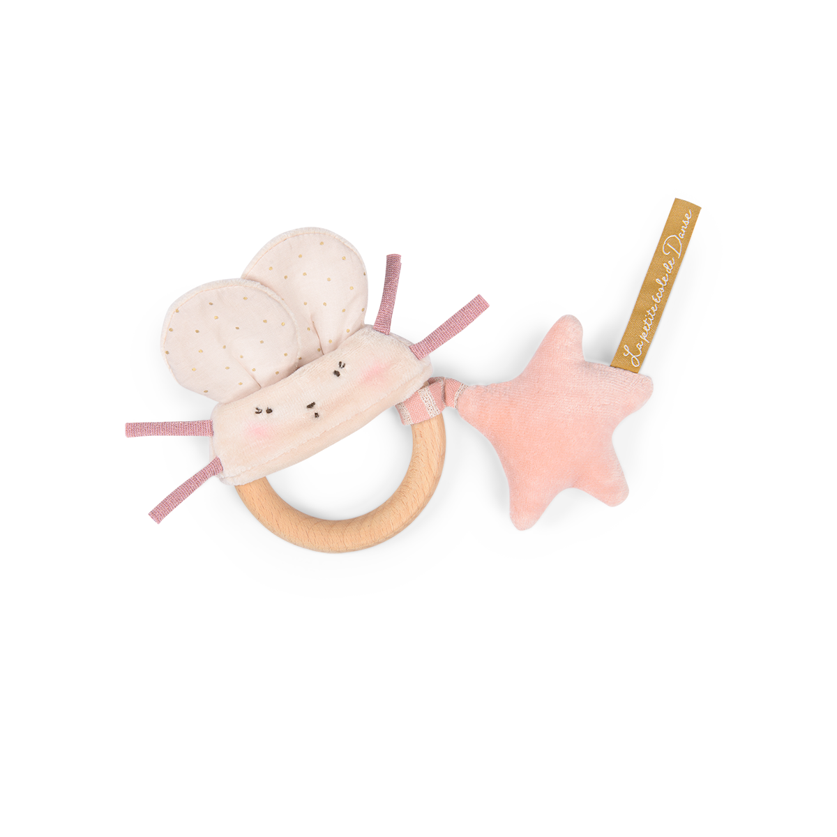Hochet anneau bois souris rose La petite ecole de danse