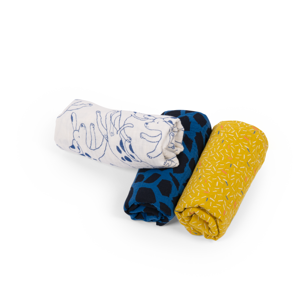 Set de 3 langes imprimes Puce  Pilou Moulin Roty