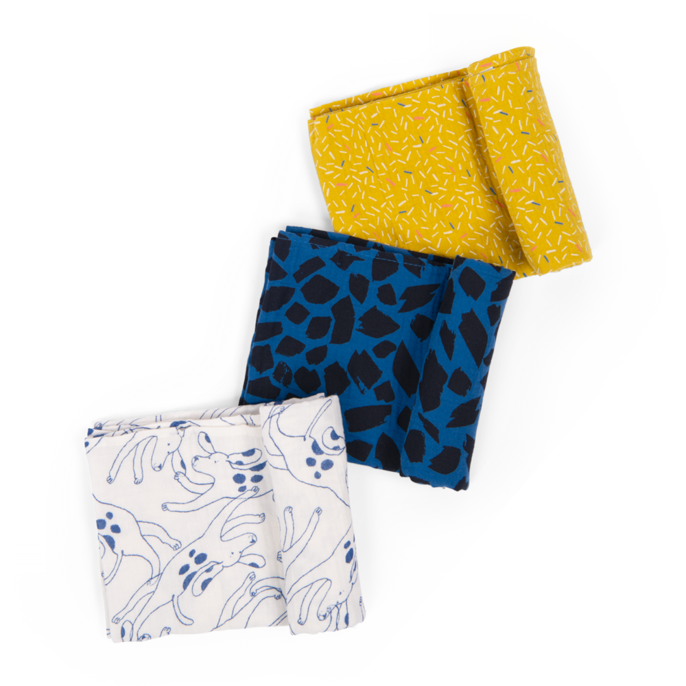 Set de 3 langes imprimes Puce  Pilou Moulin Roty