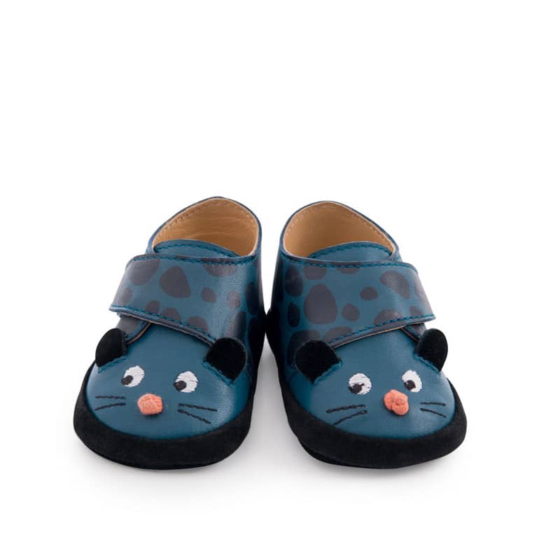 Chaussons cuir panthere bleu Dans la jungle 06 mois Moulin Roty