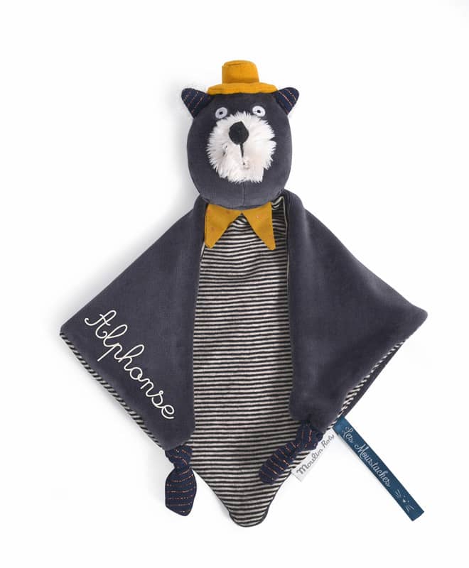 Doudou a broder chat gris Alphonse Les Moustaches Moulin Roty