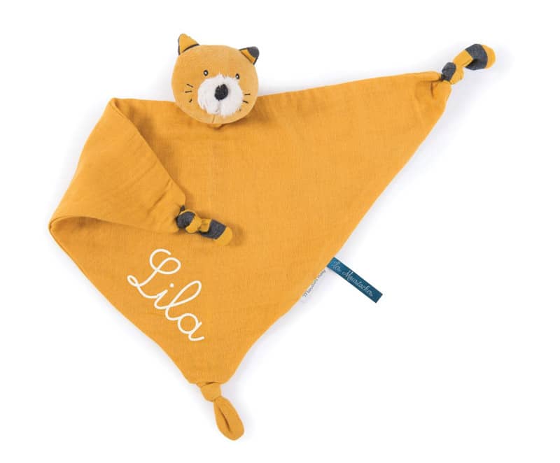 Doudou lange a broder chat moutarde Lulu Les Moustaches Moulin Roty
