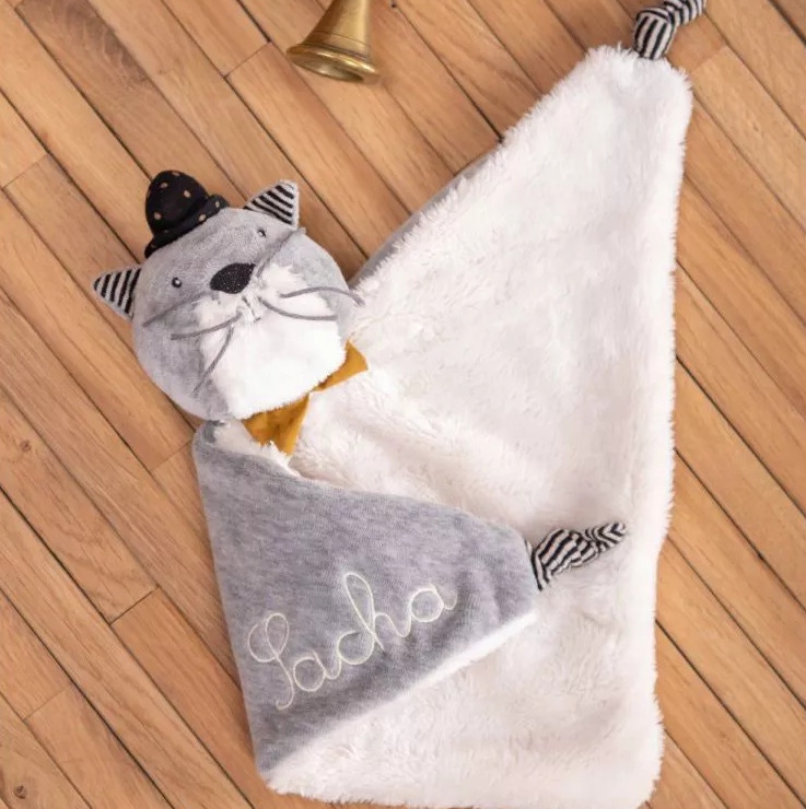 Doudou à broder chat gris clair Fernand Les Moustaches Moulin Roty
