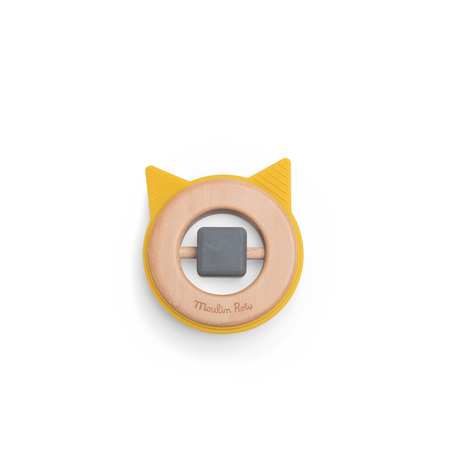 Hochet anneau de dentition bois et silicone Chat Les Moustaches Moulin Roty