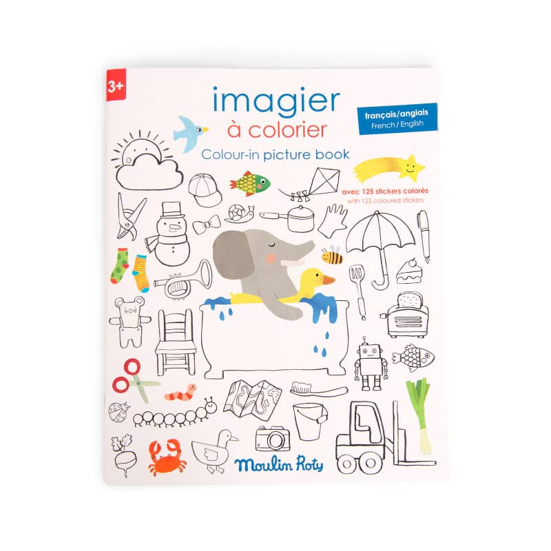 Imagier a colorier avec stickers Les Popipop Moulin Roty