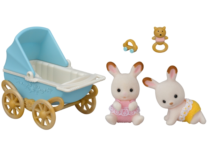 Les jumeaux lapin chocolat et leur poussette double Sylvanian Families