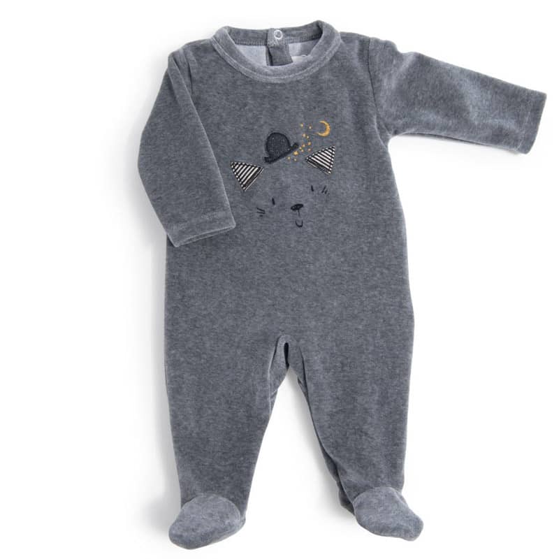 Pyjama 12 mois velours gris chine tete chat Les Moustaches Moulin Roty