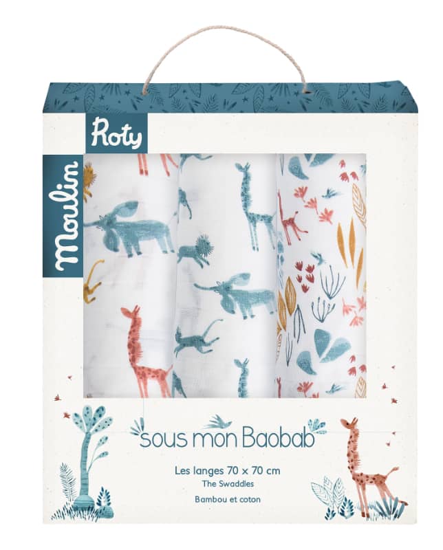 Set de 3 langes imprimes bleugirafeanimaux Sous mon baobab Moulin Roty