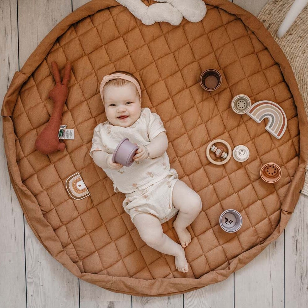 Sac de rangement de jouets et tapis de jeux bébé Soft coton bio Marron fauve Play and Go